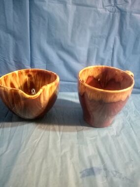 Vintage Handmade Drip Glaze Ceramic Bowl and Mug - Brown & Cream